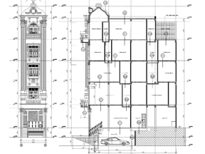File autocad bản vẽ nhà phố đẹp phong cách kiến trúc tân cố điển 5 tầng 1 hầm 4x14m mặt tiền