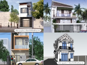Bộ sưu tập Bản vẽ kiến trúc tổng hợp 9 mẫu nhà phố 2 tầng kèm phối cảnh siêu rẻ