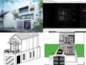 Bộ sưu tập Bộ 4 bản vẽ thiết kế nhà phố 2 tầng thiết kế revit