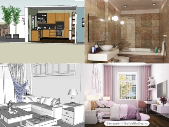 20 model Sketchup dựng nội thất phòng khách, bếp nhà phố