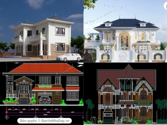 4 bản vẽ AutoCAD nhà biệt thự 2 tầng phong cách cổ điển tổng hợp đầy đủ và chi tiết các hạng mục kiến trúc, kết cấu, điện nước