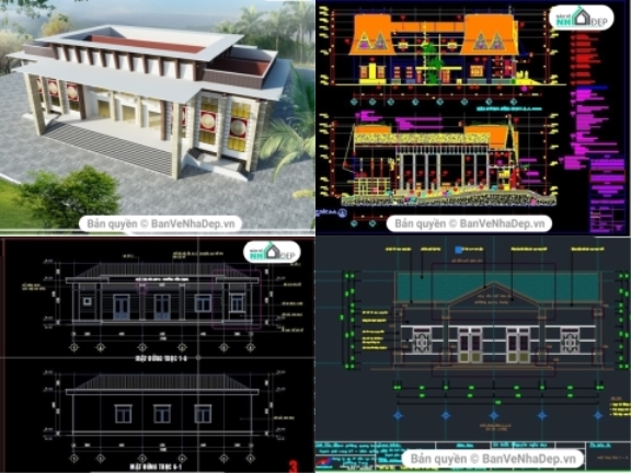 4 bản vẽ đầy đủ Kiến Trúc, Kết Cấu, Điện Nước nhà văn hóa siêu chất lượng