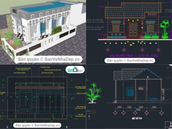 4 Bản Vẽ Full Kiến Trúc, Kết Cấu Nhà Phố 1 Tầng Mới 2020