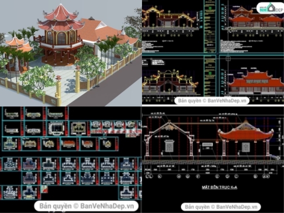 5 bản vẽ Full Kiến Trúc, Kết Cấu đình chùa mới 2020