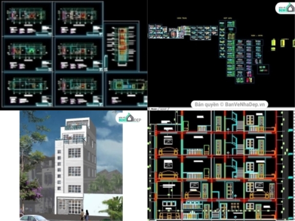 5 mẫu bản vẽ CAD nhà phố 5.5 tầng với chi tiết hạng mục thiết kế