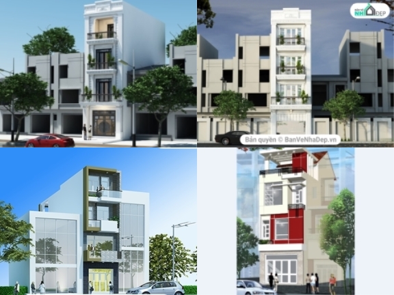 6 bản vẽ nhà phố 4 tầng xem nhiều nhất Full KT, KC, MEP, Phối Cảnh