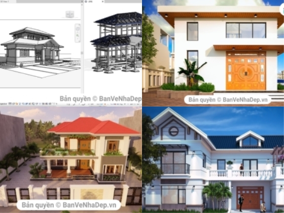 6 File Revit biệt thự 2 tầng phối cảnh ngoại thất và bố trí mặt bằng tận dụng được không gian sử dụng của toàn bộ căn nhà