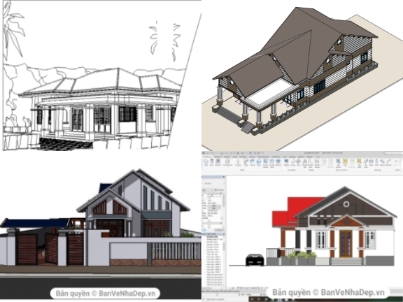 7 Bản Vẽ Full Hạng Mục Kiến Trúc Biệt Thự 1 Tầng Bằng Revit Chất Lượng