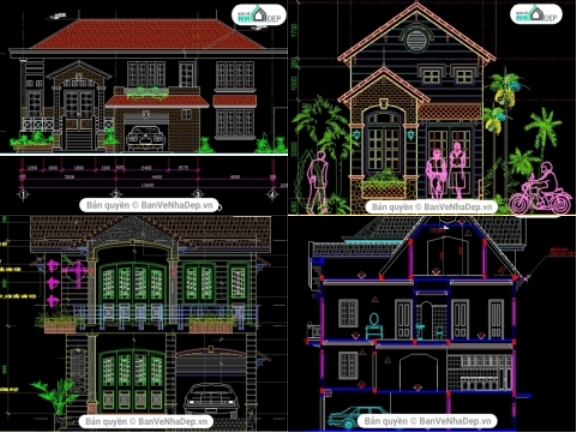 9 mẫu bản vẽ cad thiết kế nhà phố 2 tầng độc đáo đa dạng