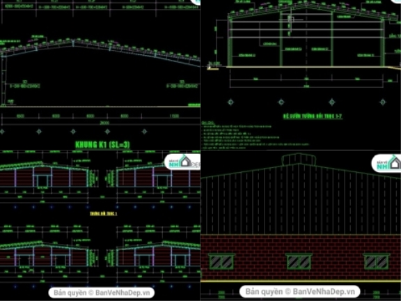 9 mẫu nhà xưởng công nghiệp được xây dựng trên phần mềm AutoCAD có đầy đủ các bản vẽ hạng mục kế cấu