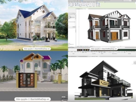 9 Model Revit nhà biệt thự 2 tầng được phối cảnh ngoại thất chi tiết