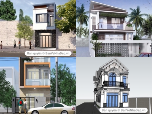 Bản vẽ kiến trúc tổng hợp 9 mẫu nhà phố 2 tầng kèm phối cảnh siêu rẻ
