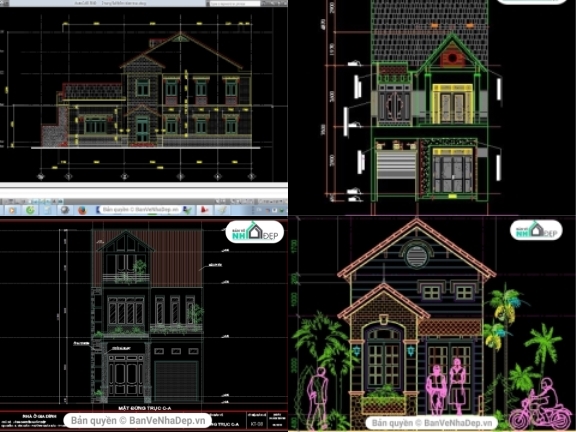 Bộ 10 bản vẽ cad thiết kế nhà phố 2 tầng hiện đại