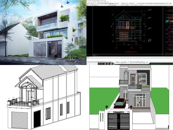 Bộ 4 bản vẽ thiết kế nhà phố 2 tầng thiết kế revit