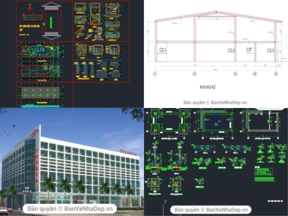 Bộ 4 mẫu bản vẽ chi tiết xây dựng showroom có đầy đủ các hạng mục như kiến trúc, kết cấu