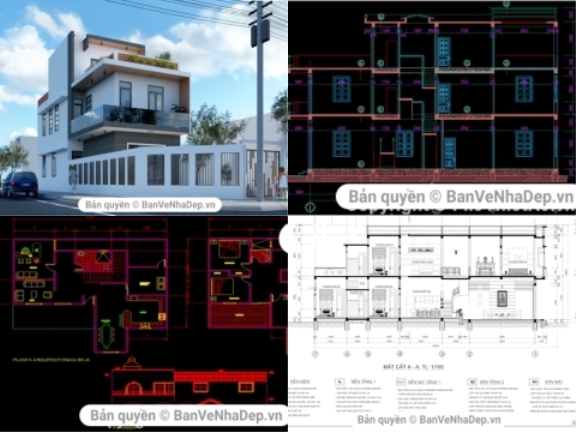 Bộ 4 mẫu thiết kế nhà phố 2 tầng đầy đủ kiến trúc, kết cấu, điện nước miến phí