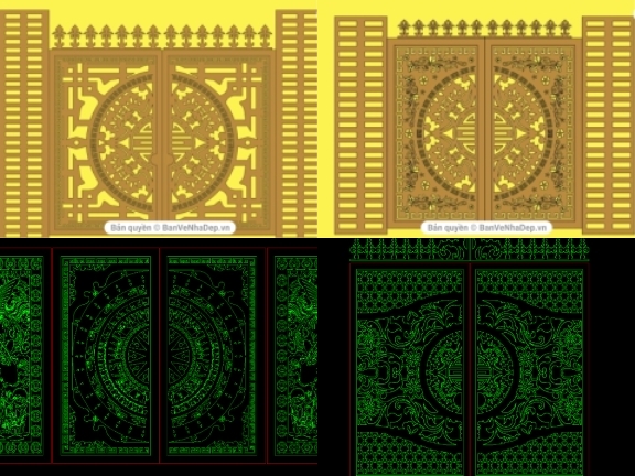 Bộ 5 bản vẽ thiết kế cổng CNC hoa văn họa tiến dơi ngậm đồng tiền