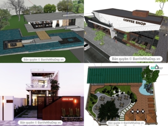 Bộ 5 mẫu cửa hàng Cafe được phối cảnh nội thất và ngoại thất cực kì đầy đủ và chi tiết