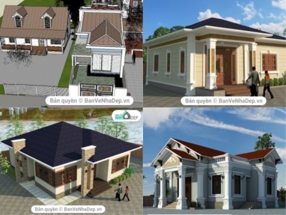 Bộ 6 File AUTOCAD + Sketchup Biệt Thự 1 Tầng Giá Rẻ Tham Khảo Nghiên Cứu