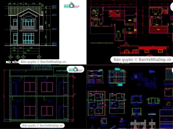 Bộ 6 mẫu bản vẽ cad đầy đủ kiến trúc, kết cấu nhà phố 2 tầng miễn phí