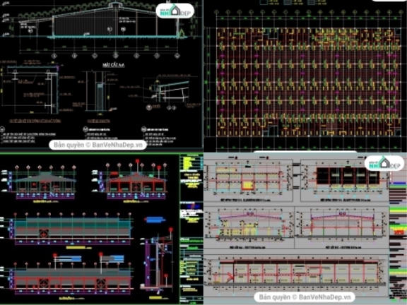 Bộ 7 bản vẽ AutoCAD nhà xưởng công ty trong khu công nghiệp có đầy đủ bản vẽ thiết kế xây dựng phần kết cấu