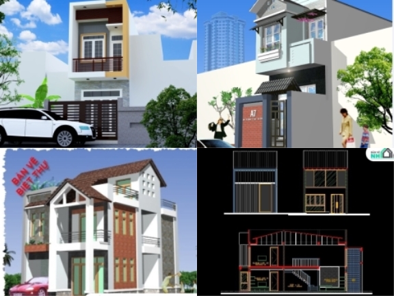 Bộ 7 bản vẽ autocad thiết kế nhà phố 2 tâng gồm: kiến trúc, kết cấu, điện nước