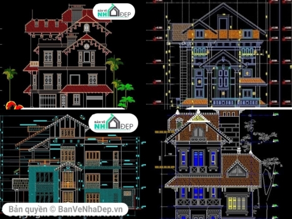 File cad 4 mẫu biệt thự cao tầng tân cổ điển miễn phí