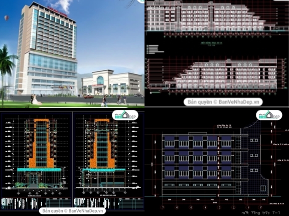 FIle cad kiến trúc, kết cấu 6 bộ bản vẽ thiết kế khách sạn chỉ 79k