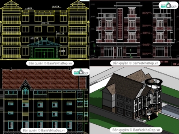 Gửi tặng bộ bản vẽ cad 4 mẫu biệt thự cao tầng miễn phí tại banvenhadep.vn