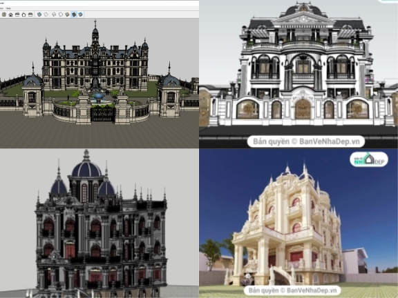 Sketchup bộ 5 mẫu thiết kế dinh thự lâu đài siêu khủng vạn người mê