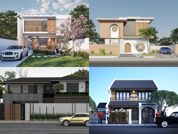 Sketchup dựng 5 mẫu nhà phố 2 tầng thiết kế phong cách trung hoa độc đáo