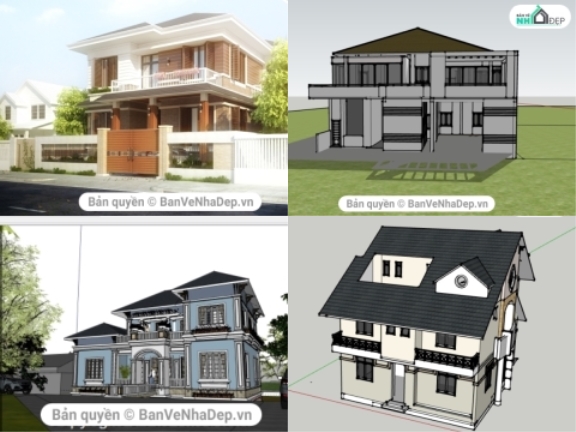 Sketchup dựng 5 mẫu thiết kế biệt thự 2 tầng hot