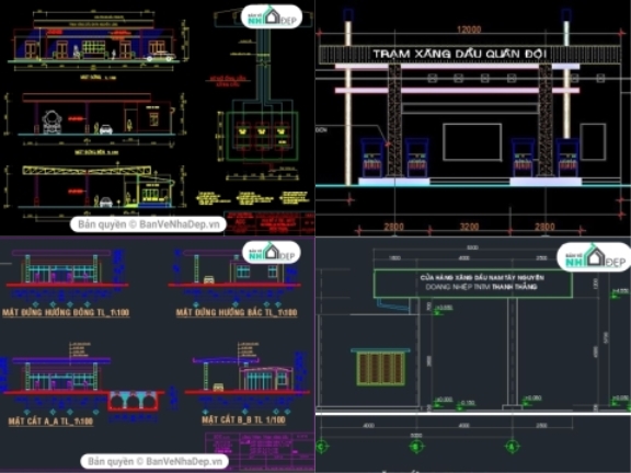 Tổng hợp 4 bản vẽ AutoCAD xây dựng cửa hàng xăng dầu có đầy đủ các hạng mục kiến trúc và kết cấu