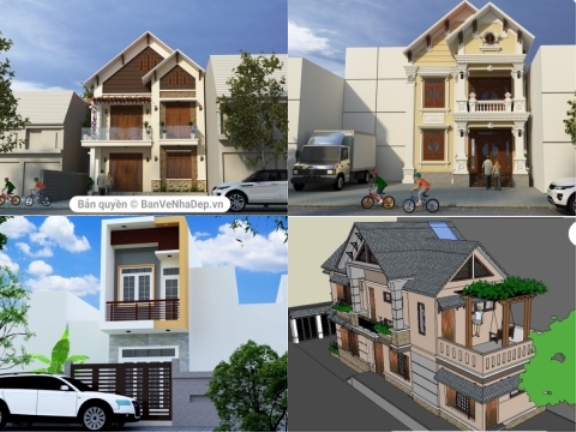 Tổng hợp 7 mẫu nhà phố 2 tầng thiết kế Autocad + Sketchup các mẫu đa dạng phong phú