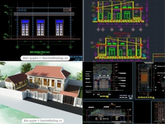 Tổng hợp 8 bản vẽ cad nhà cấp 4 đầy đủ kiến trúc, kết cấu