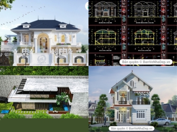 Tổng hợp 8 File AutoCAD nhà biệt thự 2 tầng đầy đủ các hạng mục Kiến Trúc, Kết Cấu, Điện Nước (MEP)