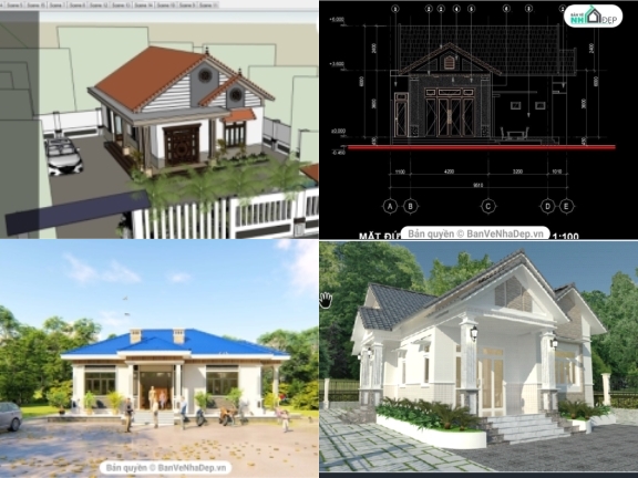 Trọn Bộ 15 Bản Vẽ Full Hạng Mục Kiến Trúc Biệt Thự 1 Tầng Cực Hot 2020