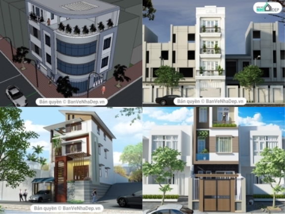 Trọn bộ 4 bản vẽ CAD nhà phố 4 tầng gồm: Kiến trúc, kết cấu, điện nước phối cảnh SU