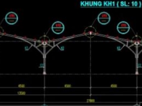 Autocad kết cấu nhà xe thép 3 khoang 27x45m
