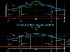 Autocad nhà máy công nghiệp 30x84m kiến trúc và kết cấu móng