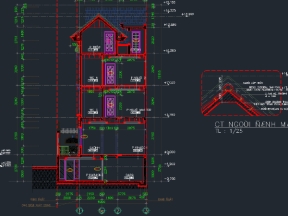 Autocad Nhà phố mái thái 4 tầng kích thước 9x20m, triển khai chi tiết