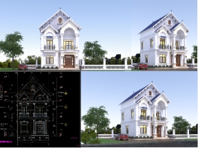 Bản thiết kế CAD + Sketchup Biệt thự 2 tầng 9x11m (Kiến trúc + Kết cấu)