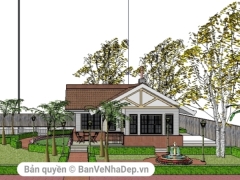 Bản thiết kế nhà cấp 4 bằng sketchup việt nam có sân vườn và hồ bơi