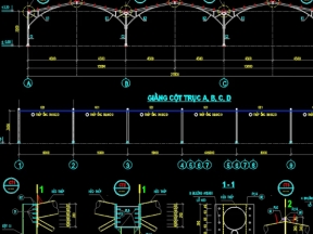 Bản vẽ kết cấu lán để xe khung thép 3 khoang 27x45m