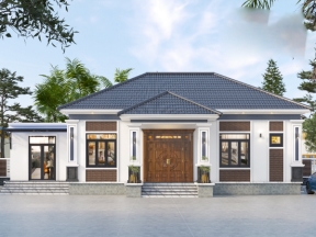 Bản vẽ nhà biệt thự 1 tầng mái Nhật hiện đại – 3PN + phòng thờ – Kích thước 17.4x9m – Full hồ sơ thi công
