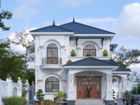 Bản vẽ nhà Biệt thự 2 tầng mái Nhật – Kích thước 12.85x9.3m – 5 phòng ngủ, phòng thờ, sinh hoạt chung – Kiến trúc tân cổ điển