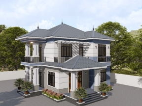 Bản vẽ nhà biệt thự 2 tầng – Kích thước 13.13x9.50m – Công năng 5 phòng ngủ, phòng thờ, WC khép kín – Hồ sơ kiến trúc chi tiết
