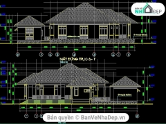 Bản vẽ nhà biệt thự mái thái (trệt) + bếp độc lập phía sau (kích thước 26x13.6), chi tiết kiến trúc