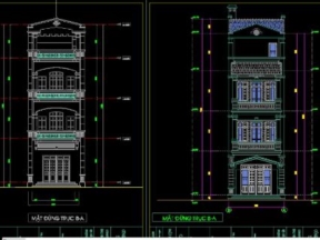 Bản vẽ nhà ở phố 4 tầng 5x15m kiến trúc