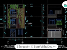 Bản vẽ thiết kế autocad bản vẽ nhà ở phố 3 tầng diện tích thiết kế 5.32x20m (full kiến trúc, kết cấu, điện nước) 